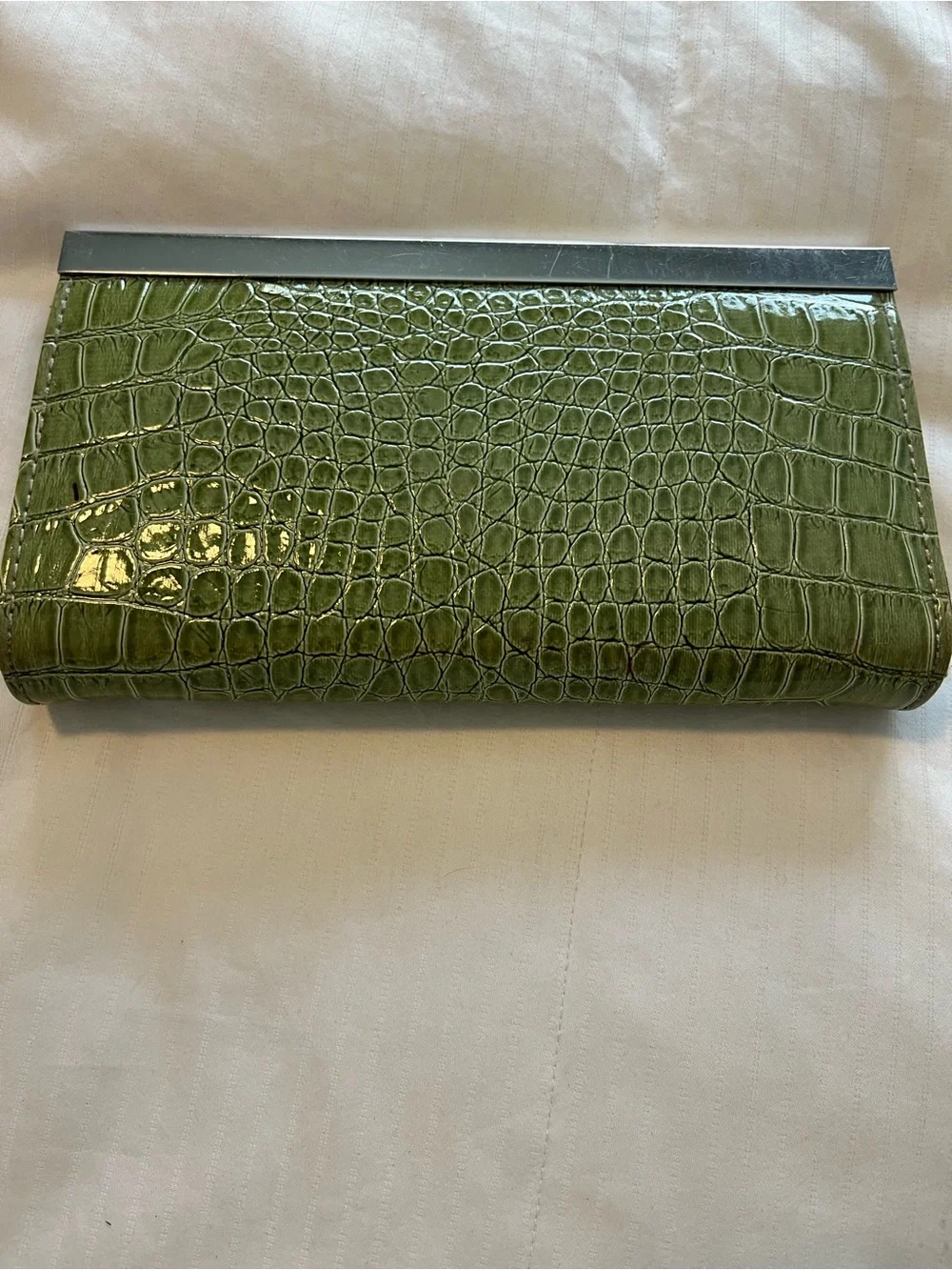 Olive Green Croc-Embossed Faux Leather Clutch